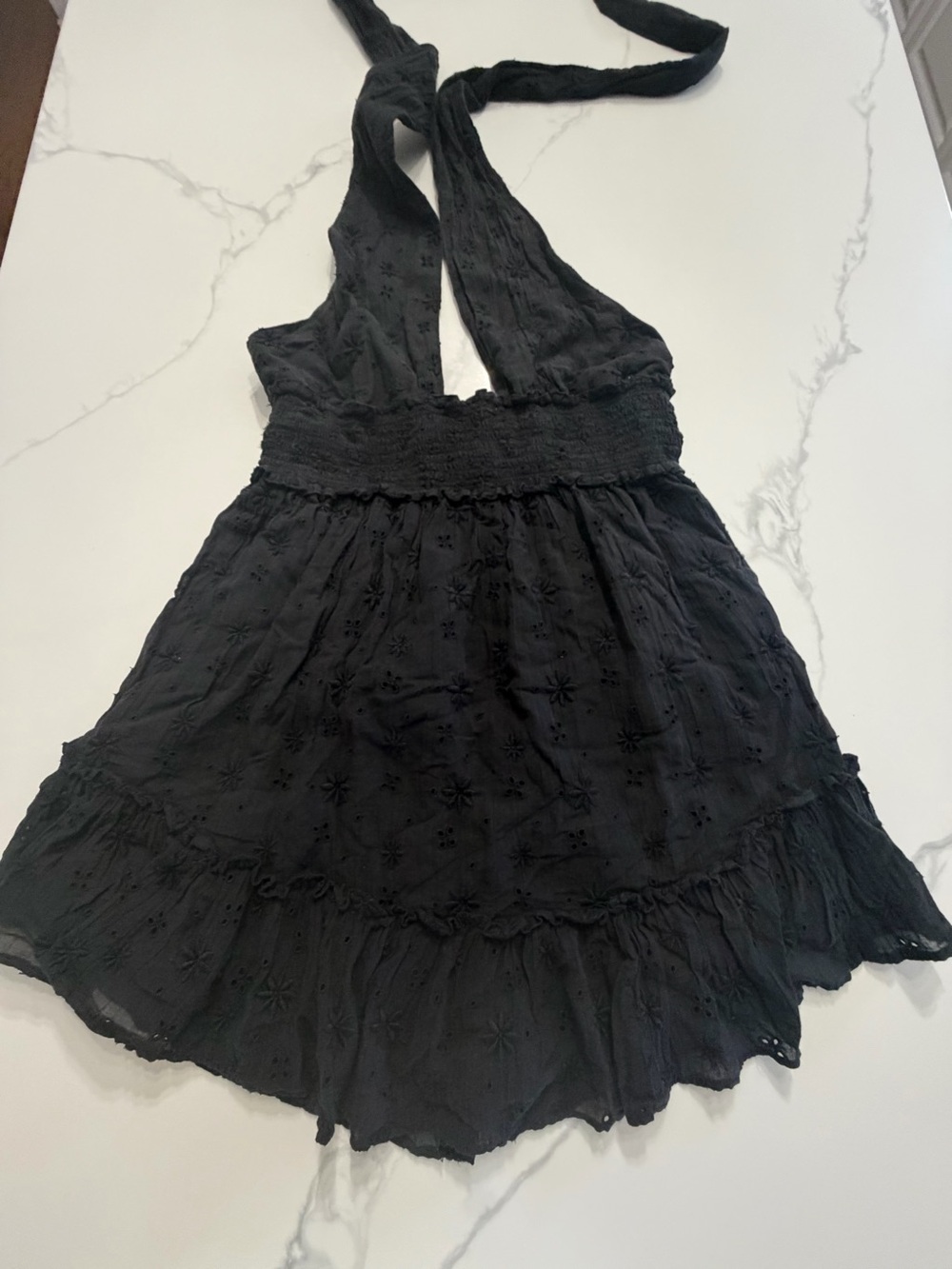 aerie Black Backless Halter Mini Dress with Eyelet Detail